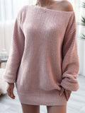 Rib-Knit Balloon Sleeve Boat Neck Sweater Dress Trendsi