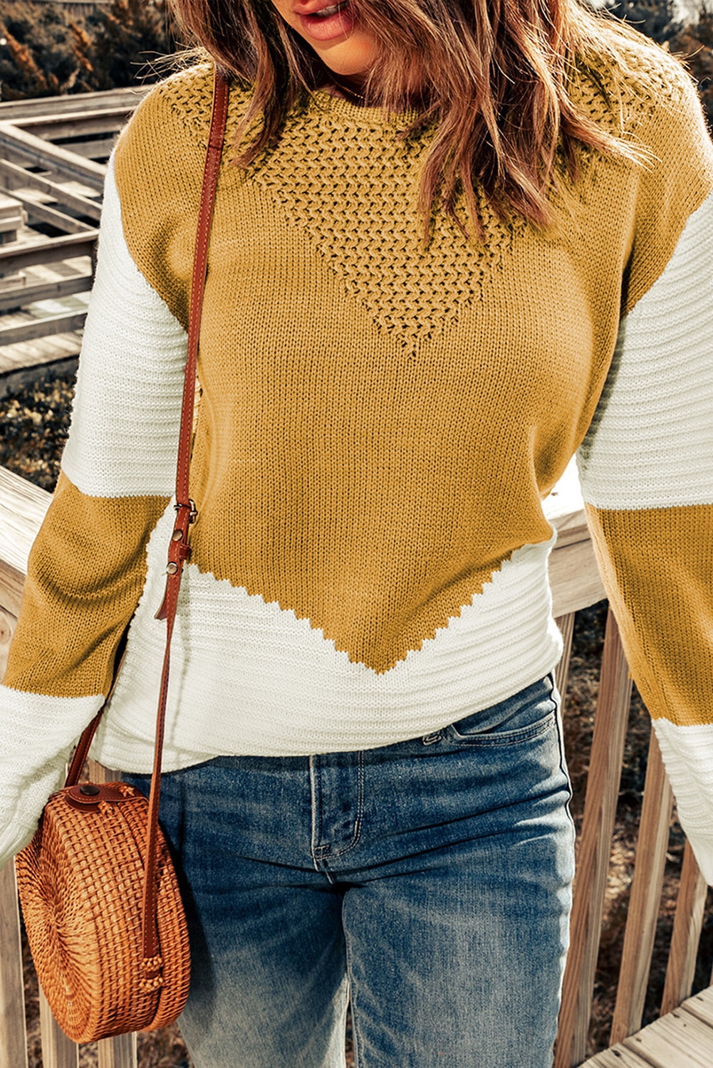 Two-Tone Openwork Rib-Knit Sweater Trendsi