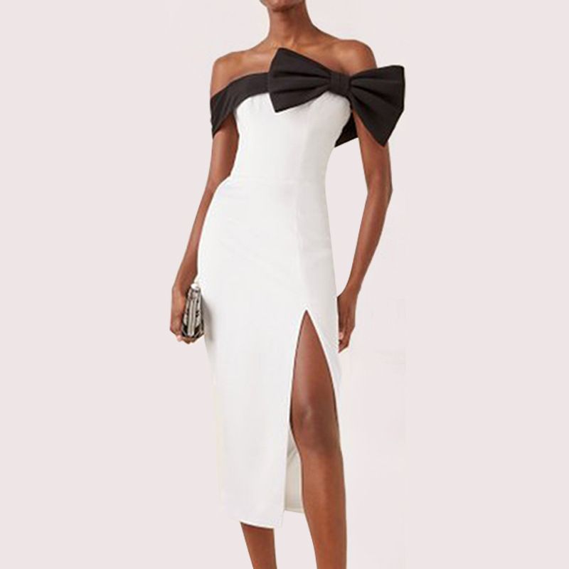 Black And White Slit Long Skirt Bow Party Dress aclosy