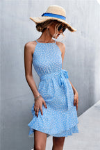 Printed Tie Waist Ruffle Hem Sleeveless Dress Trendsi