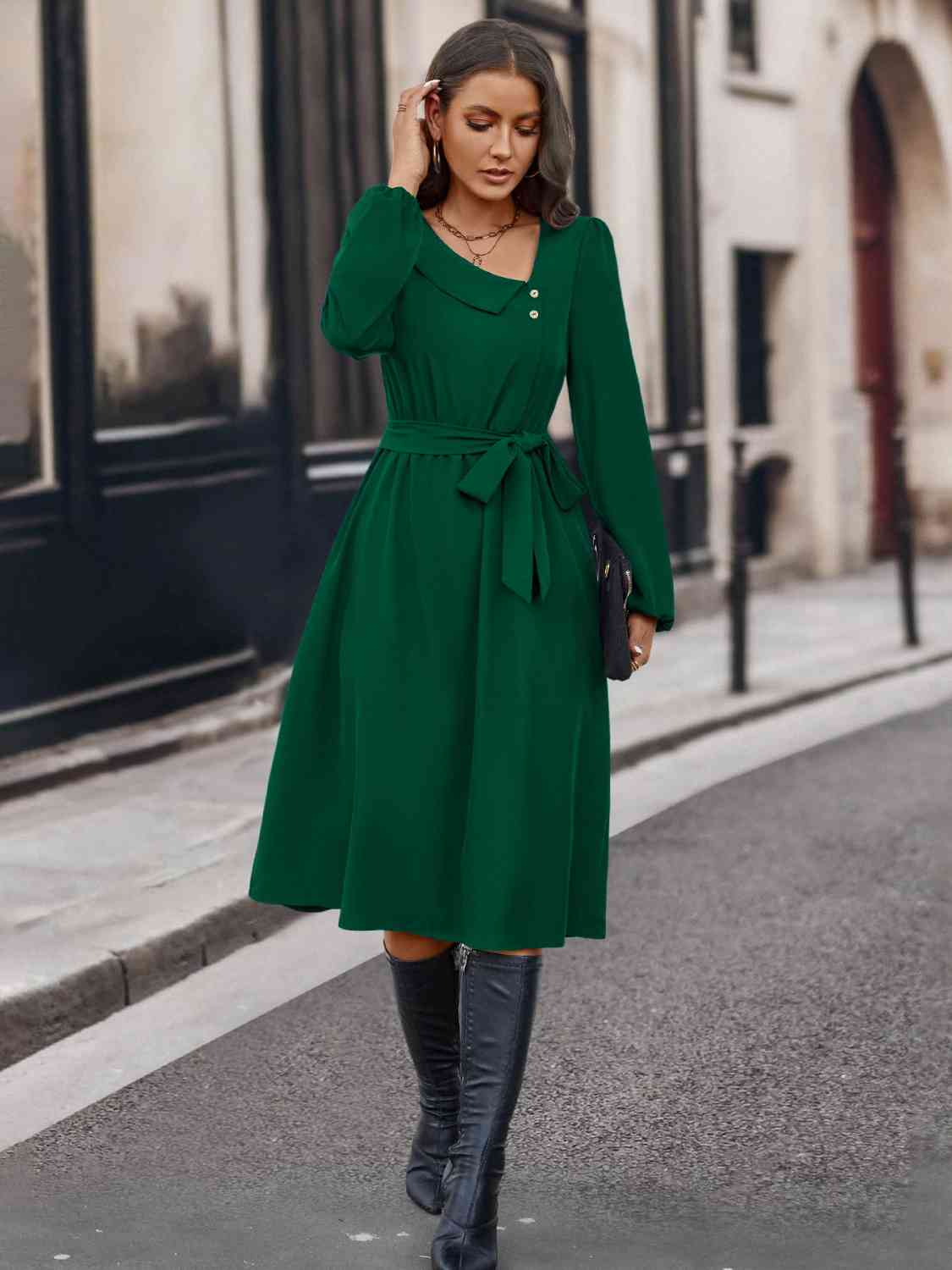 Buttoned Tie Front Long Sleeve Asymmetrical Neck Dress Trendsi