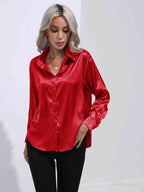 Collared Neck Buttoned Long Sleeve Shirt Trendsi