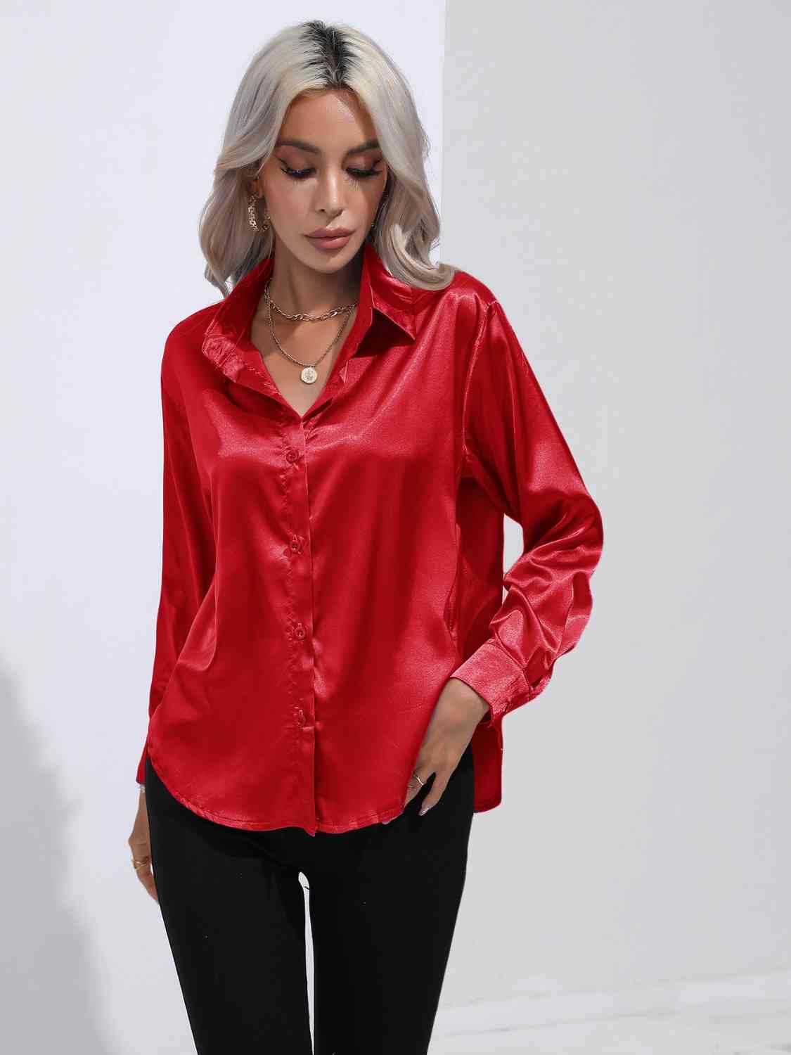 Collared Neck Buttoned Long Sleeve Shirt Trendsi