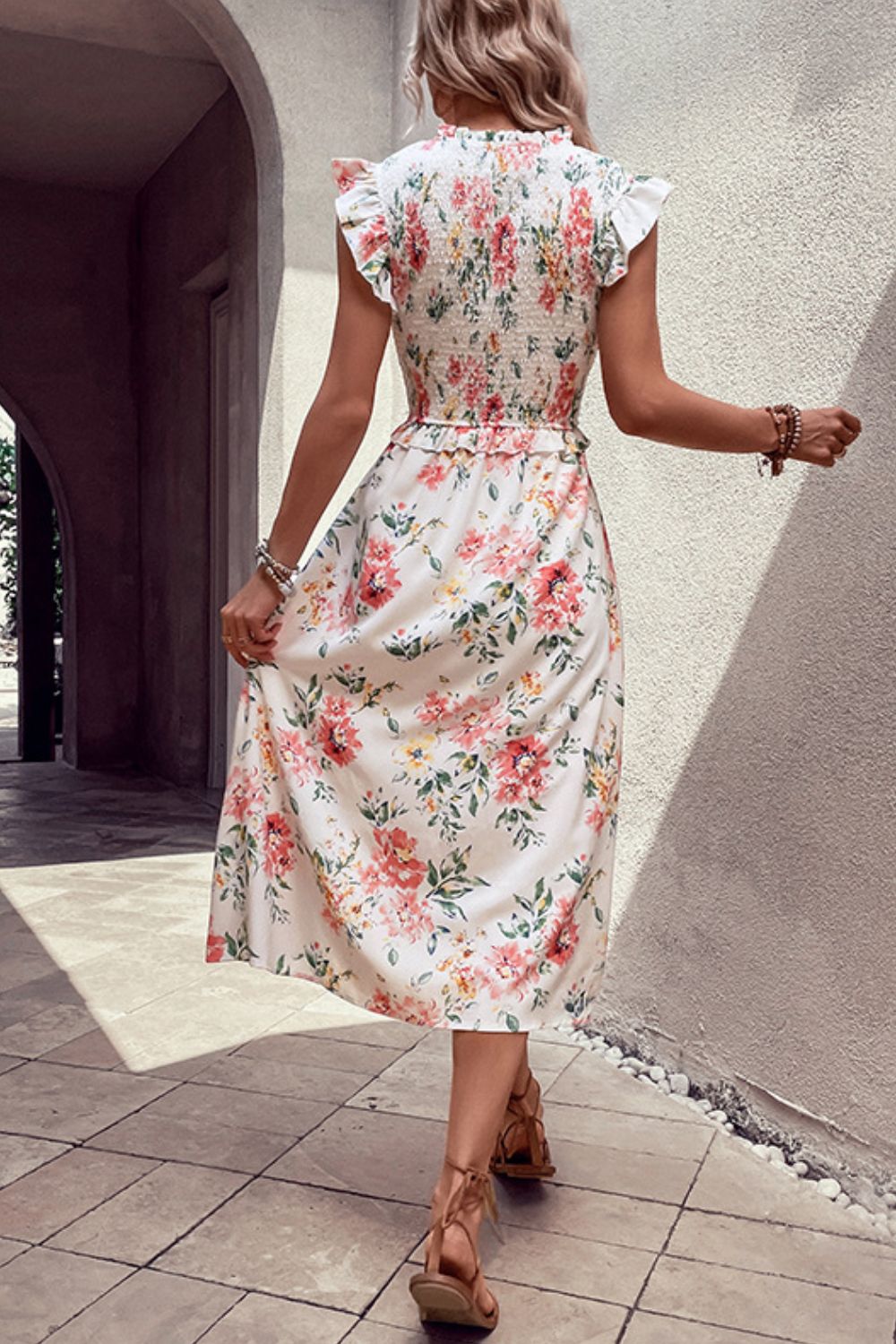 Floral Smocked Butterfly Sleeve Slit Dress Trendsi