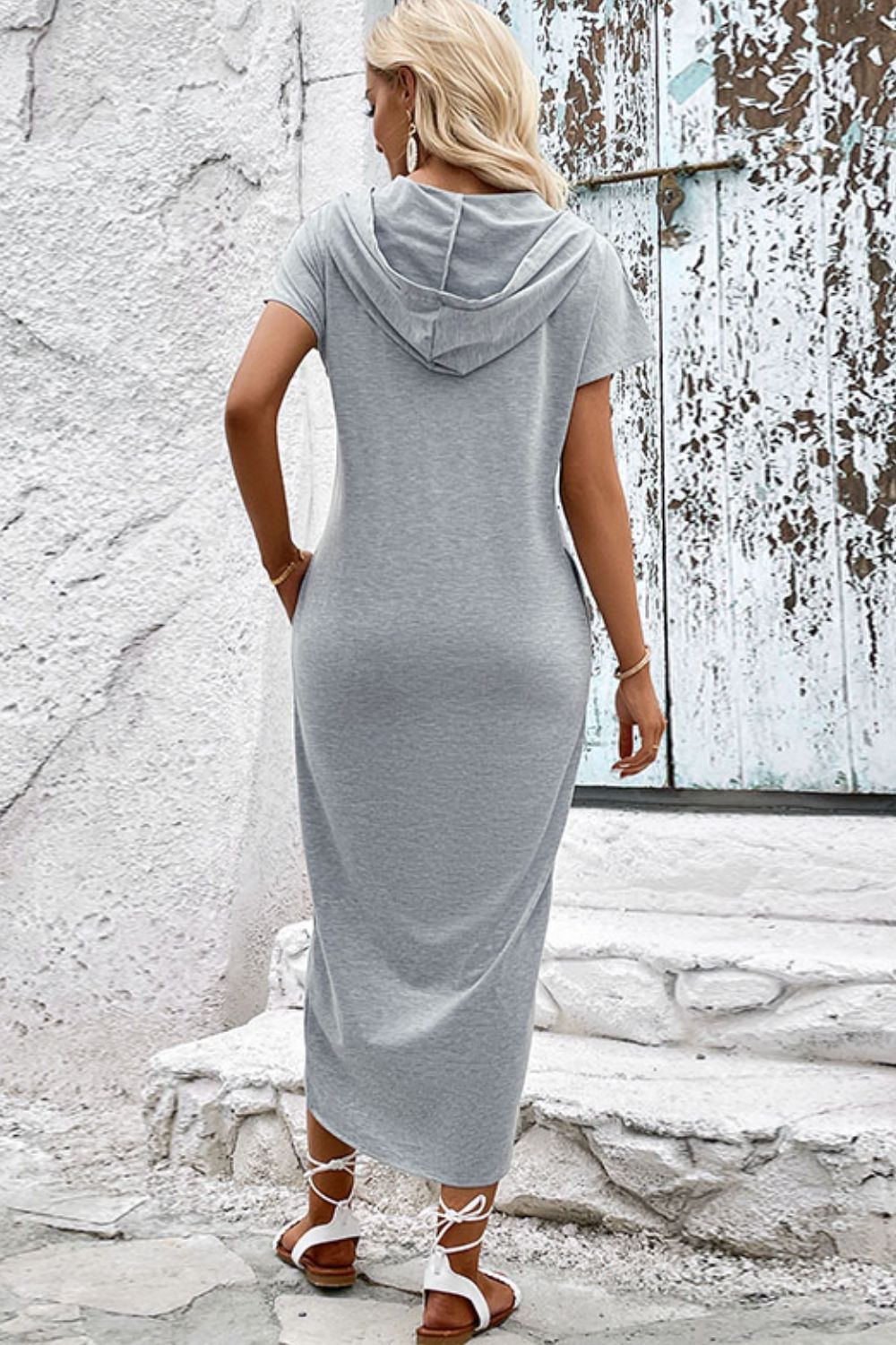 Short Sleeve Front Slit Hooded Dress Trendsi