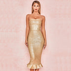 Backless Ruffled Fishtail Bandage Evening Dress-Gold aclosy