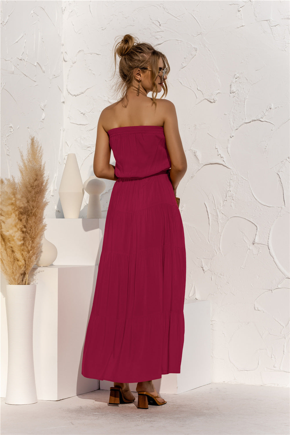Strapless Tie Waist Tiered Maxi Dress Trendsi