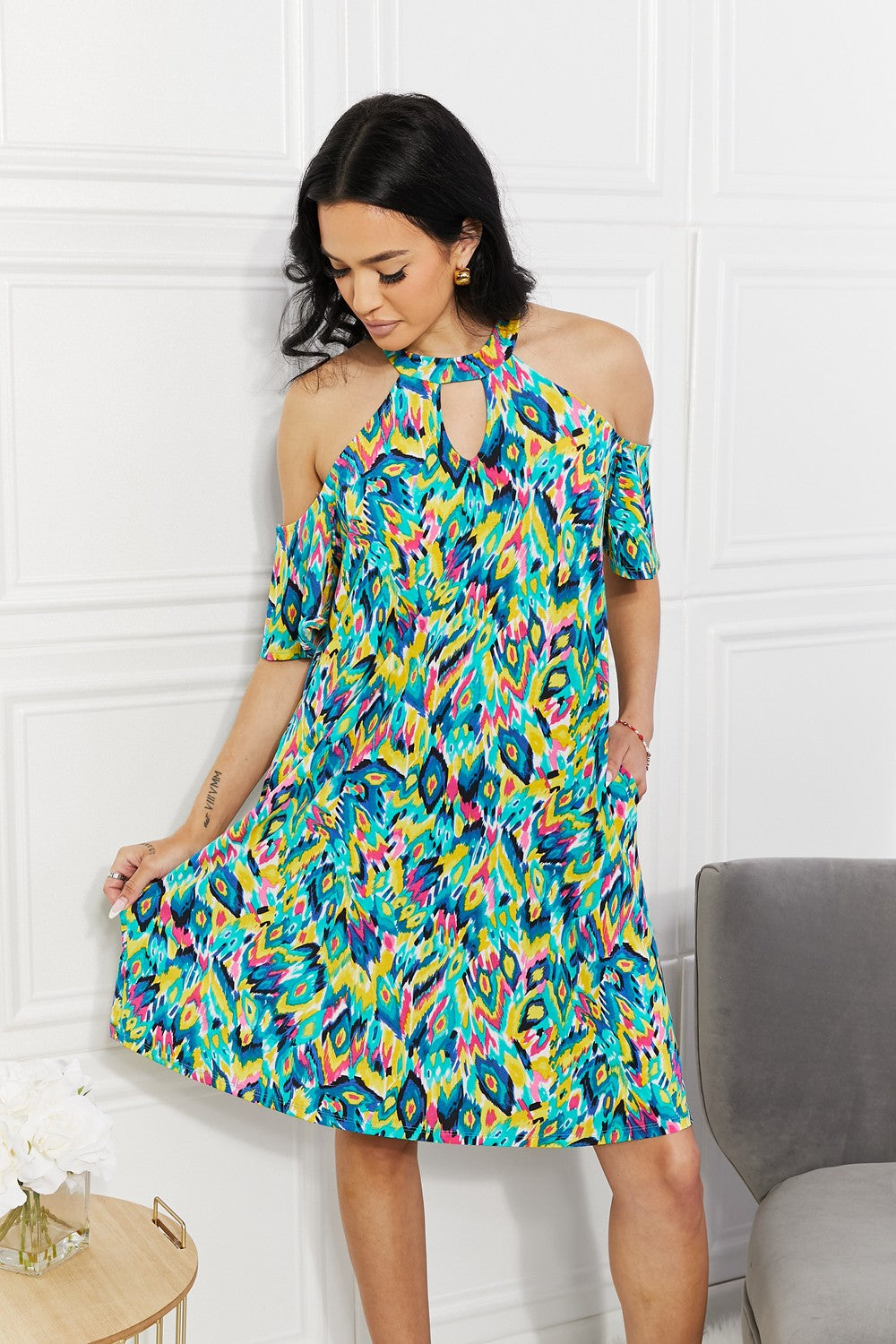 Sew In Love Full Size Perfect Paradise Printed Cold-Shoulder Dress Trendsi