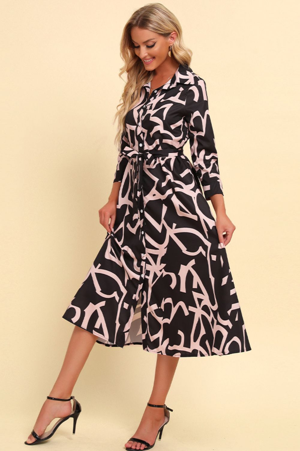 Printed Button Front Belted Midi Dress Trendsi