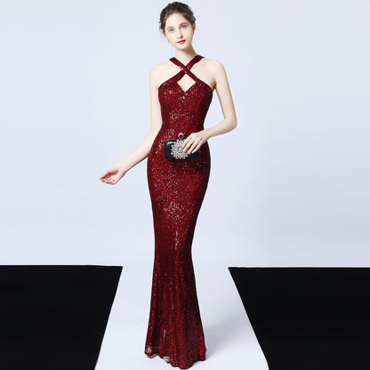 Sequined Party Dress Long Banquet Slim Fishtail aclosy