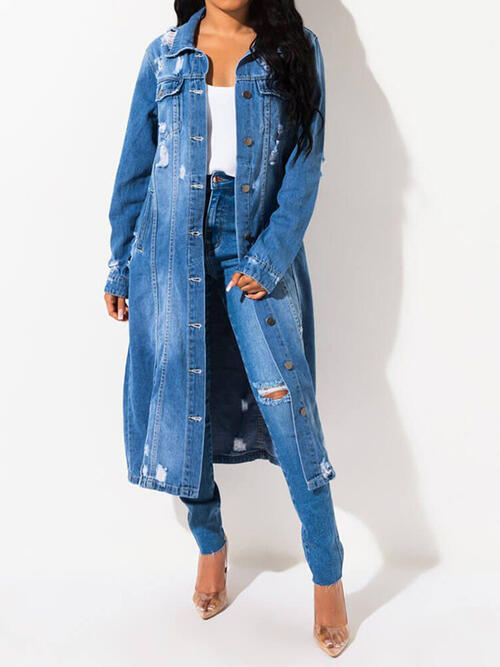 Long Sleeve Raw Hem Denim Jacket Trendsi