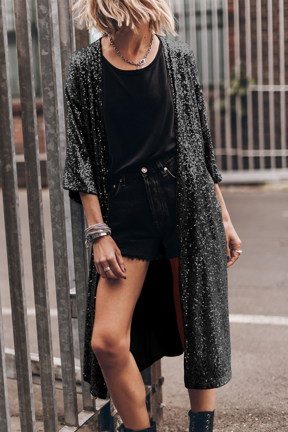 Sequin Open Front Duster Cardigan Trendsi