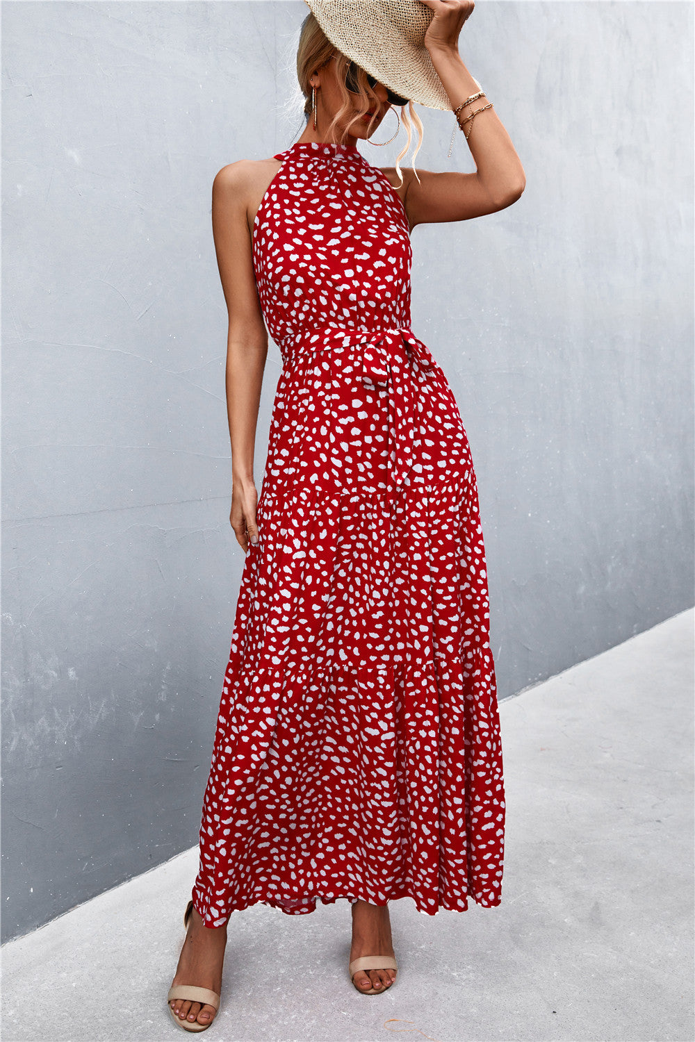 Printed Sleeveless Tie Waist Maxi Dress Trendsi