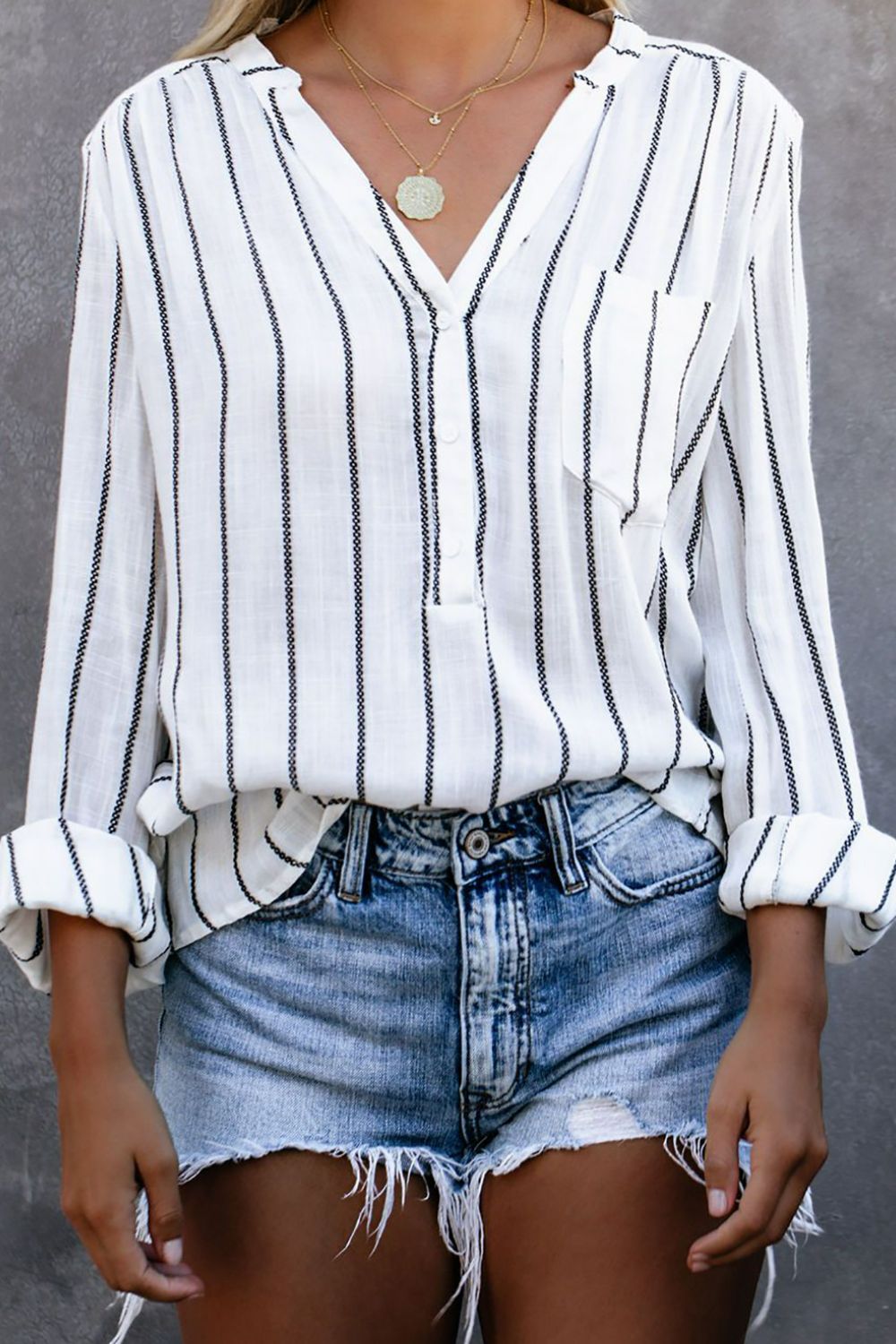 Striped V-Neck High-Low Shirt with Breast Pocket Trendsi