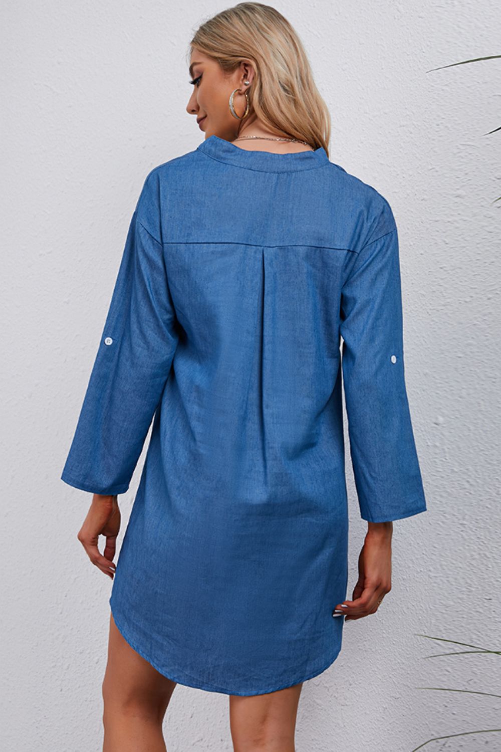 Half-Button Notched Neck High-Low Denim Dress Trendsi