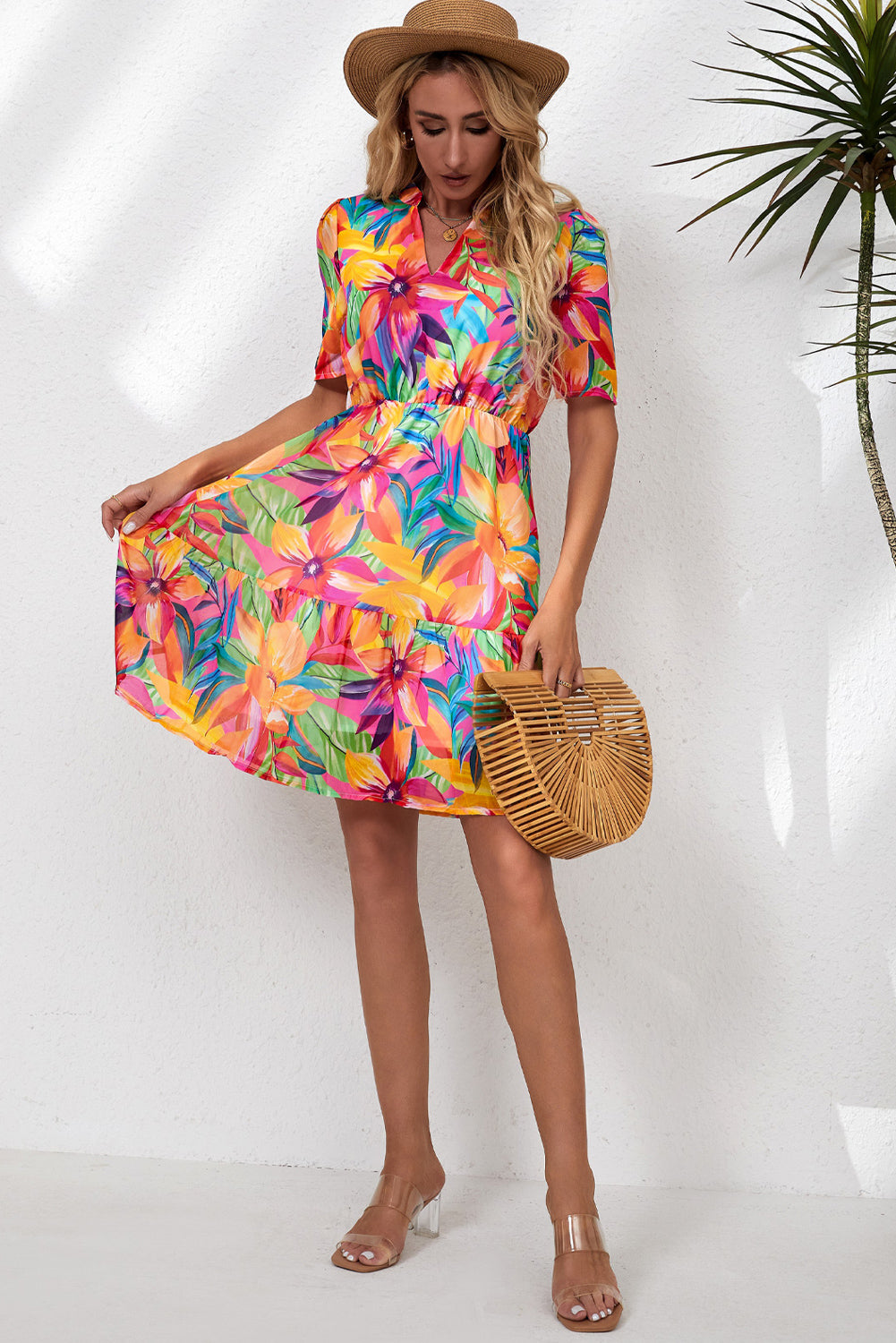 Floral Notched Neck Short Sleeve Dress Trendsi