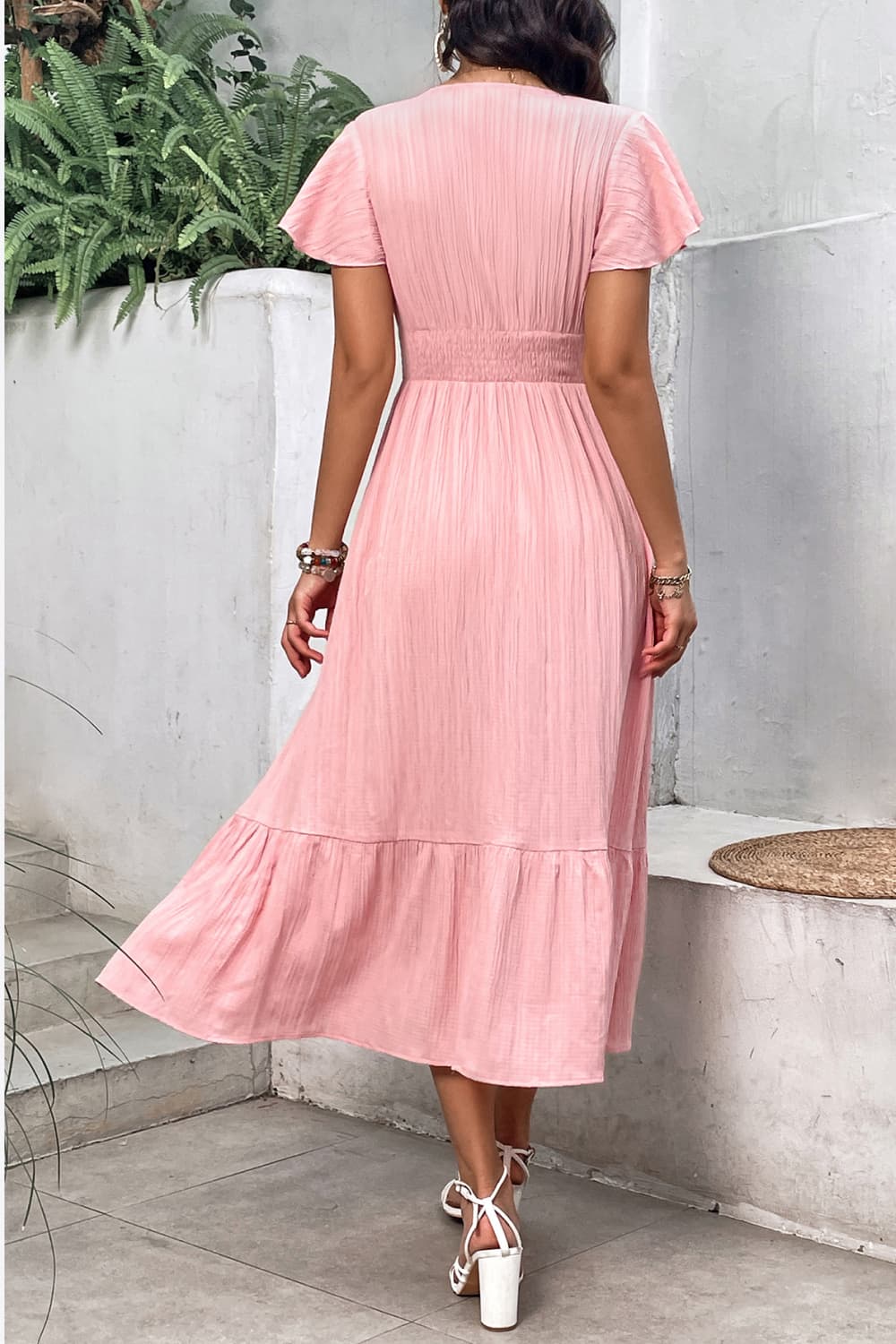 Surplice Neck Smocked Waist Flutter Sleeve Dress Trendsi