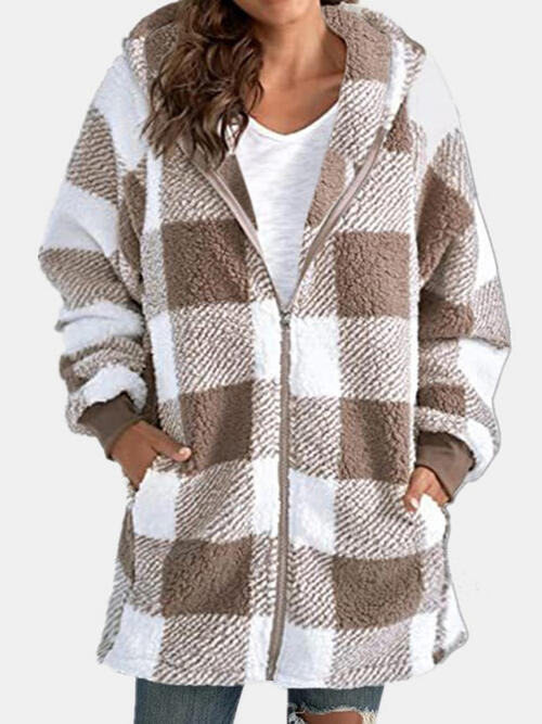 Plaid Zip Up Hooded Jacket with Pockets Trendsi