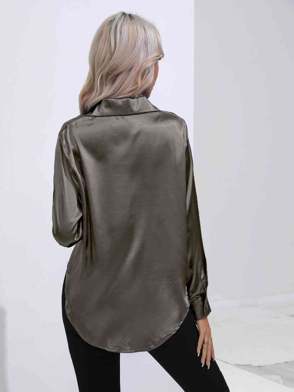 Collared Neck Buttoned Long Sleeve Shirt Trendsi