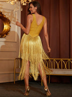 Glitter V-Neck Fringe Hem Midi Bandage Dress Trendsi