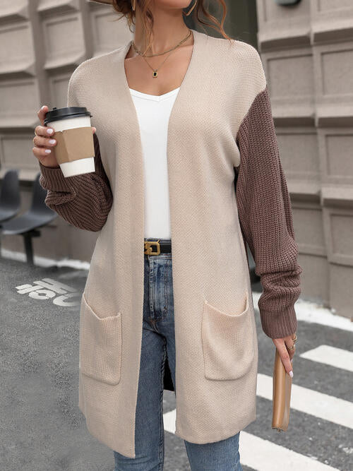 Contrast Open Front Long Sleeve Cardigan Trendsi