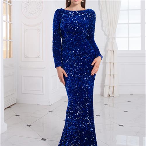 Women Modest Stretch Sequin Royal Blue Evening Prom Gown Party aclosy