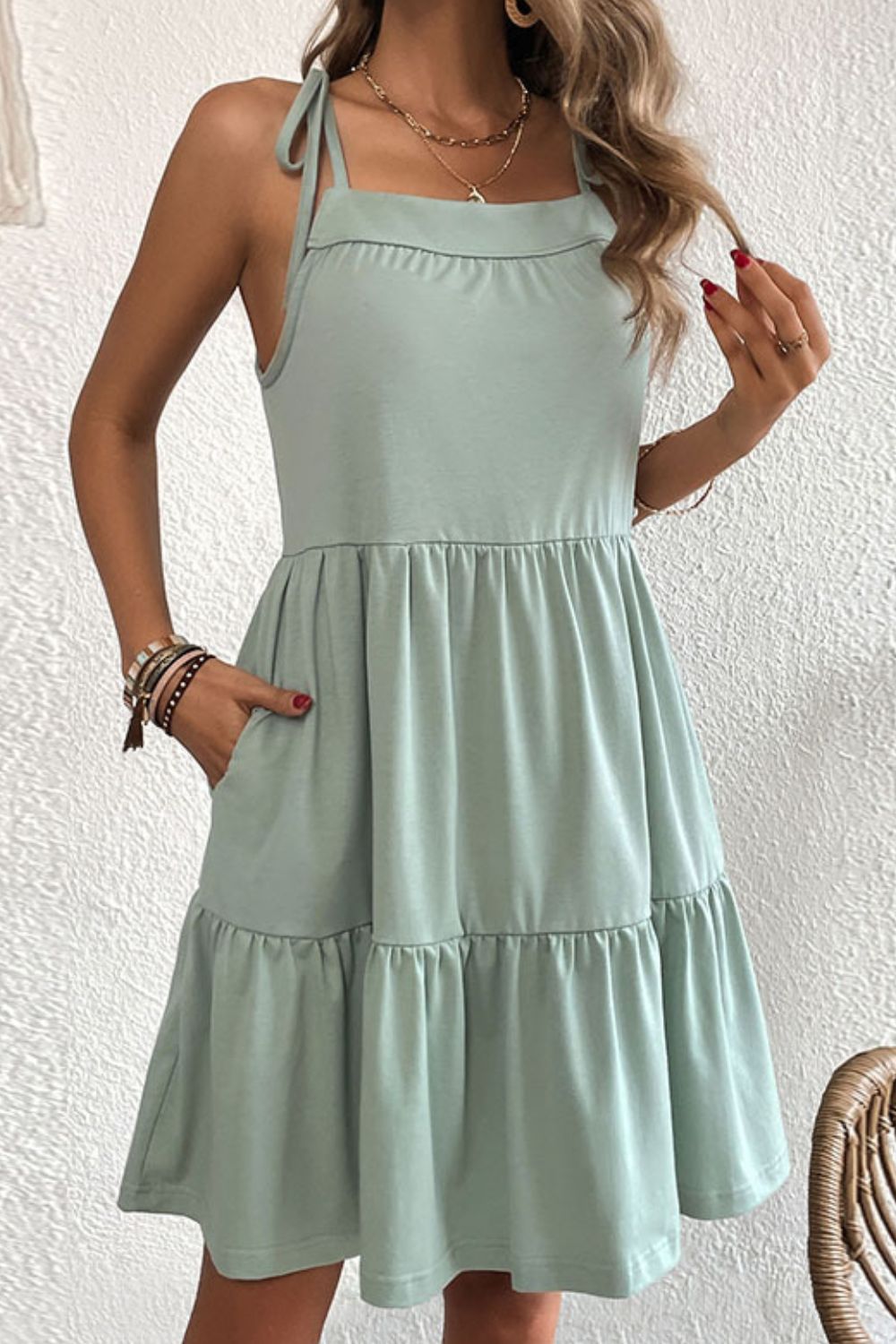 Tie-Shoulder Tiered Dress with Pockets Trendsi