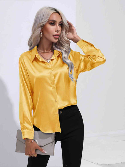 Collared Neck Buttoned Long Sleeve Shirt Trendsi