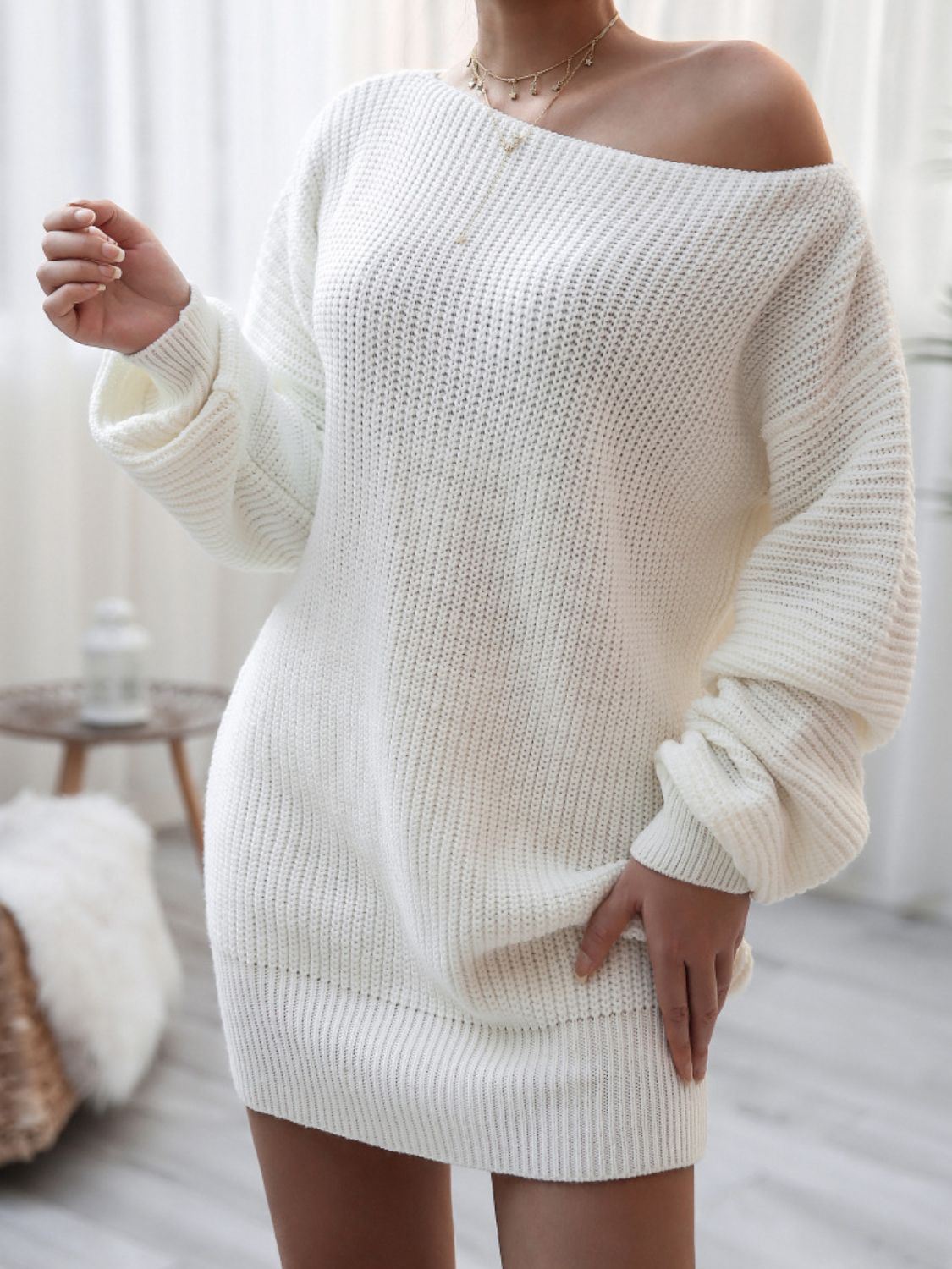 Rib-Knit Balloon Sleeve Boat Neck Sweater Dress - Aclosy Rib-Knit Balloon Sleeve Boat Neck Sweater Dress - Aclosy