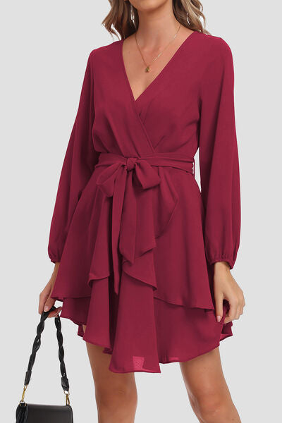 Tied Surplice Balloon Sleeve Layered Dress Trendsi