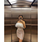 Cassey Corset Mini Feather Dress-Champagne aclosy