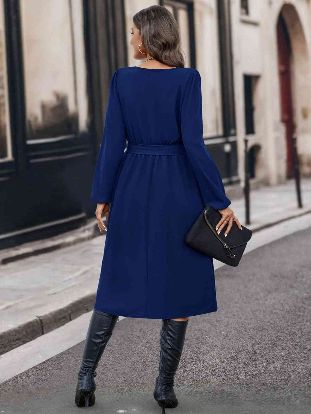 Buttoned Tie Front Long Sleeve Asymmetrical Neck Dress Trendsi