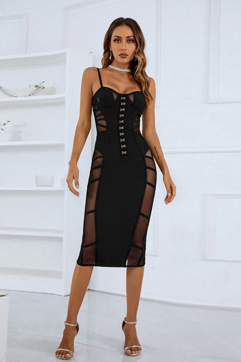 Spaghetti Strap Spliced Mesh Slit Back Dress Trendsi