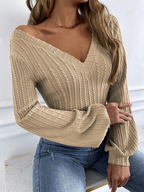 Cable-Knit V-Neck Long Sleeve Knit Top Trendsi