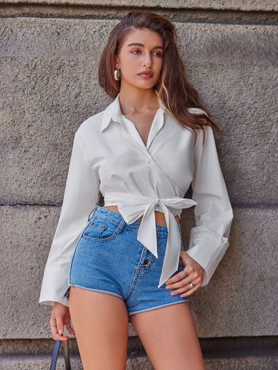 Tie Front Flare Sleeve Cropped Shirt Trendsi