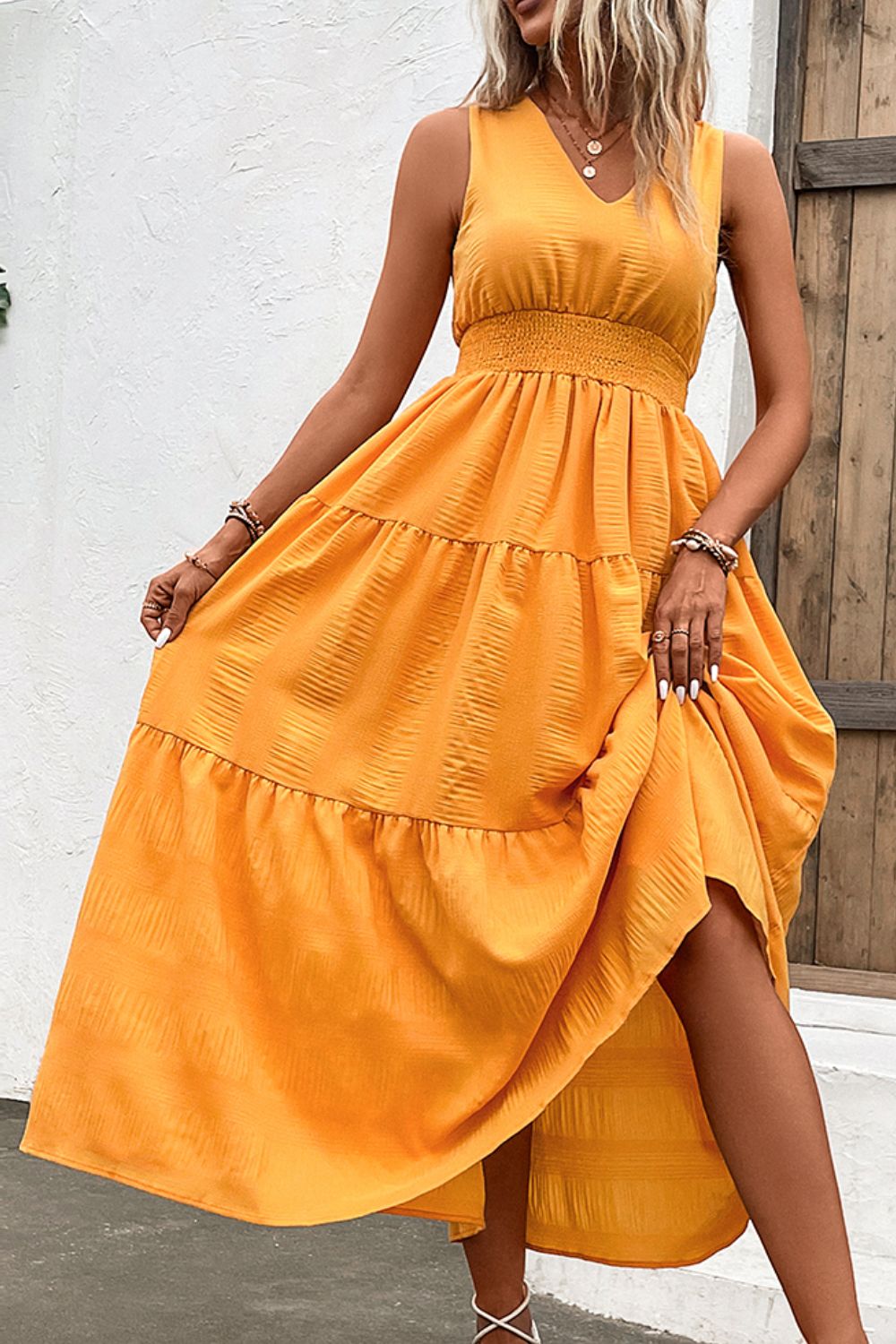 V-Neck Smocked Waist Sleeveless Tiered Dress Trendsi