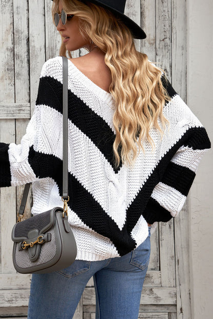 Chevron Cable-Knit V-Neck Tunic Sweater Trendsi