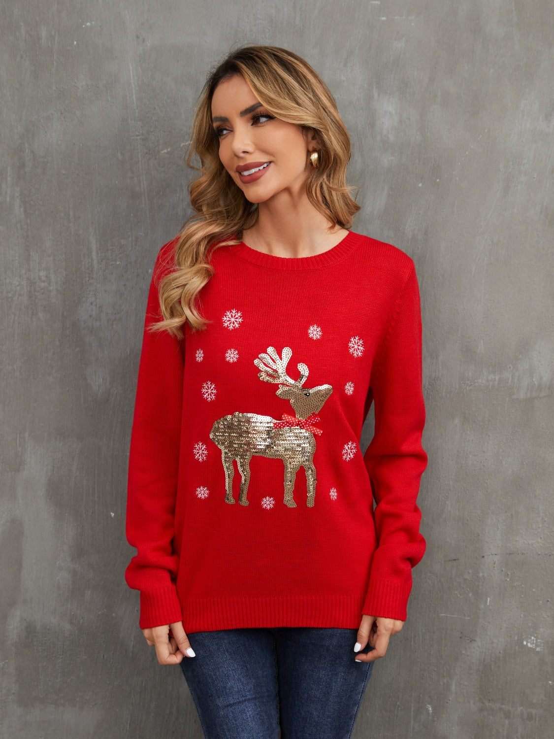 Sequin Reindeer Graphic Sweater Trendsi