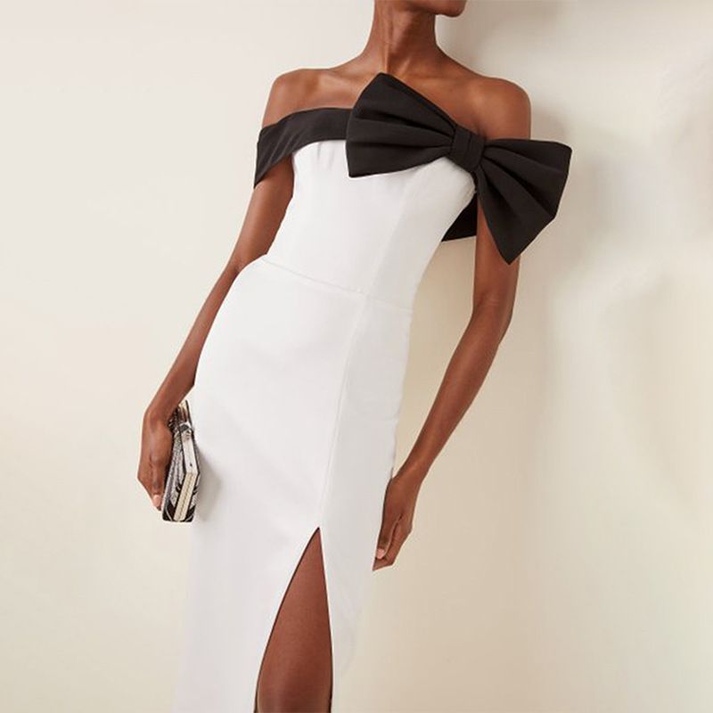 Black And White Slit Long Skirt Bow Party Dress aclosy