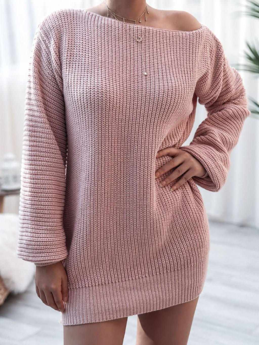 Rib-Knit Balloon Sleeve Boat Neck Sweater Dress Trendsi