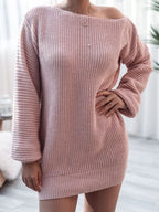 Rib-Knit Balloon Sleeve Boat Neck Sweater Dress Trendsi