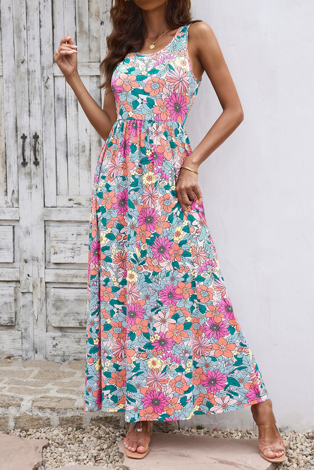 Round Neck Sleeveless Maxi Dress with Pockets Trendsi