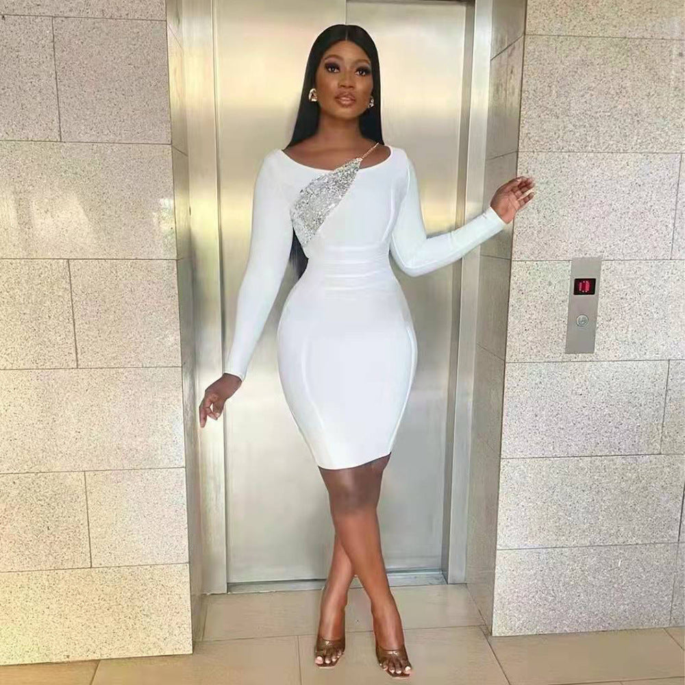 Women's Elegant Sequin Long Sleeve Bandage Dress aclosy