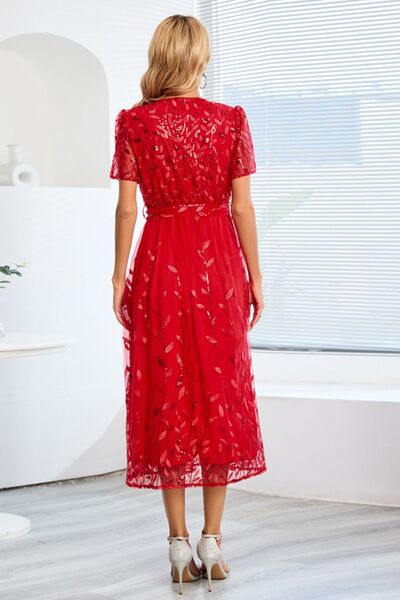 Sequin Leaf Embroidery Tie Front Short Sleeve Dress Trendsi