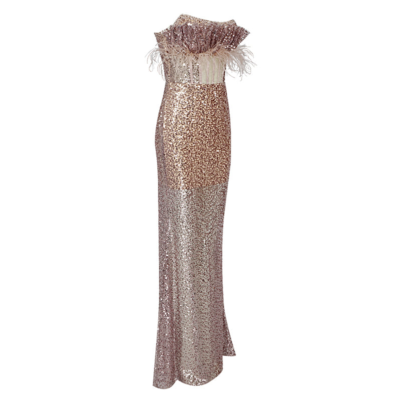 Feather Beaded Sequined Cutout Mesh Strapless Dress aclosy