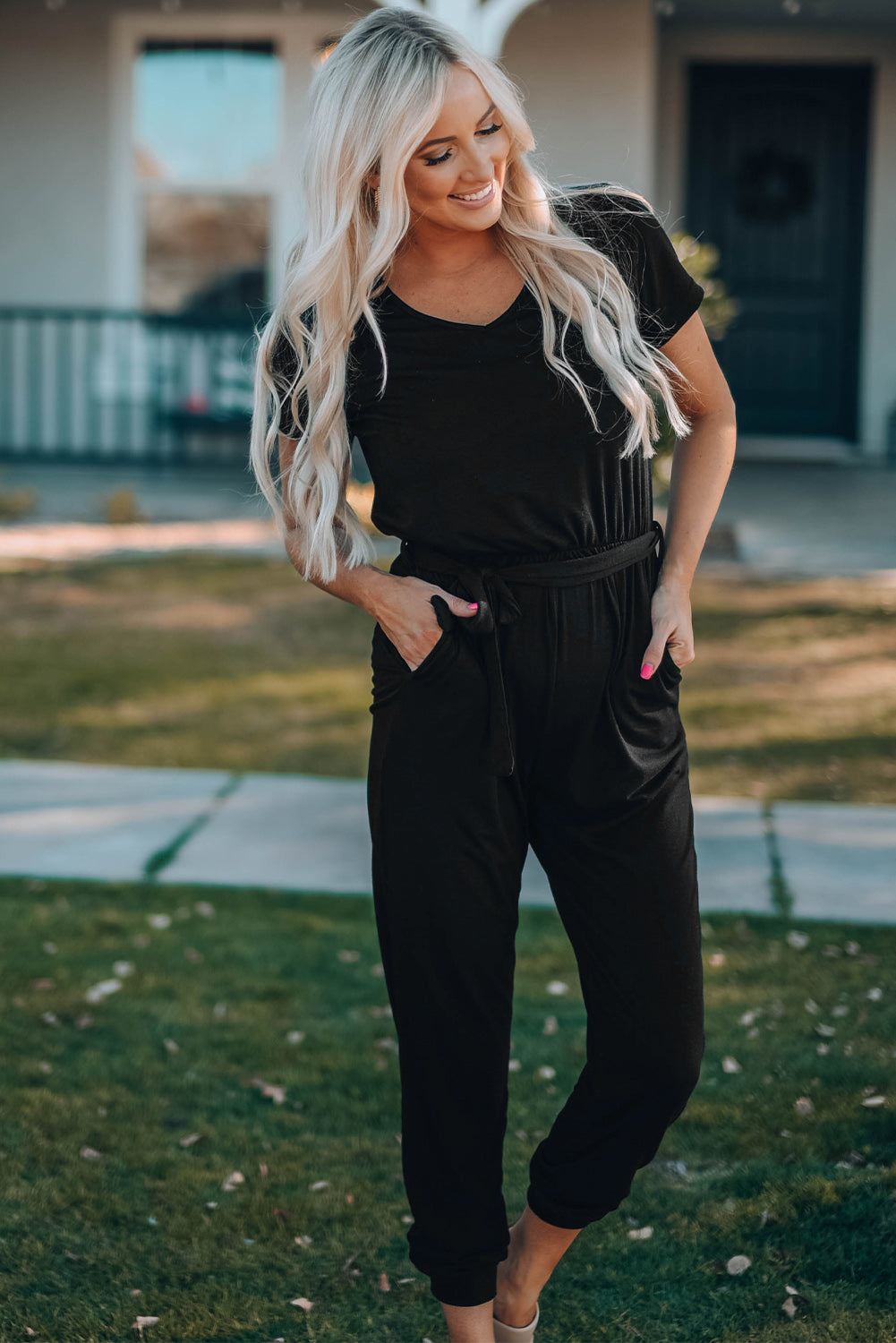 Belted V-Neck Jogger Jumpsuit Aclosy+