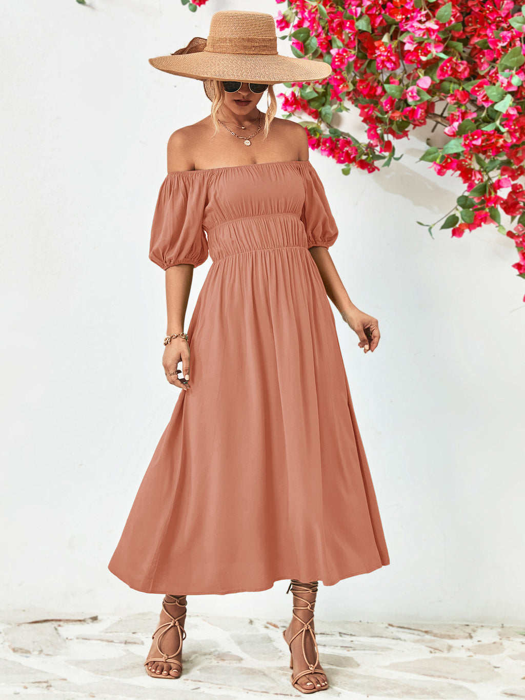 Off-Shoulder Balloon Sleeve Midi Dress Trendsi