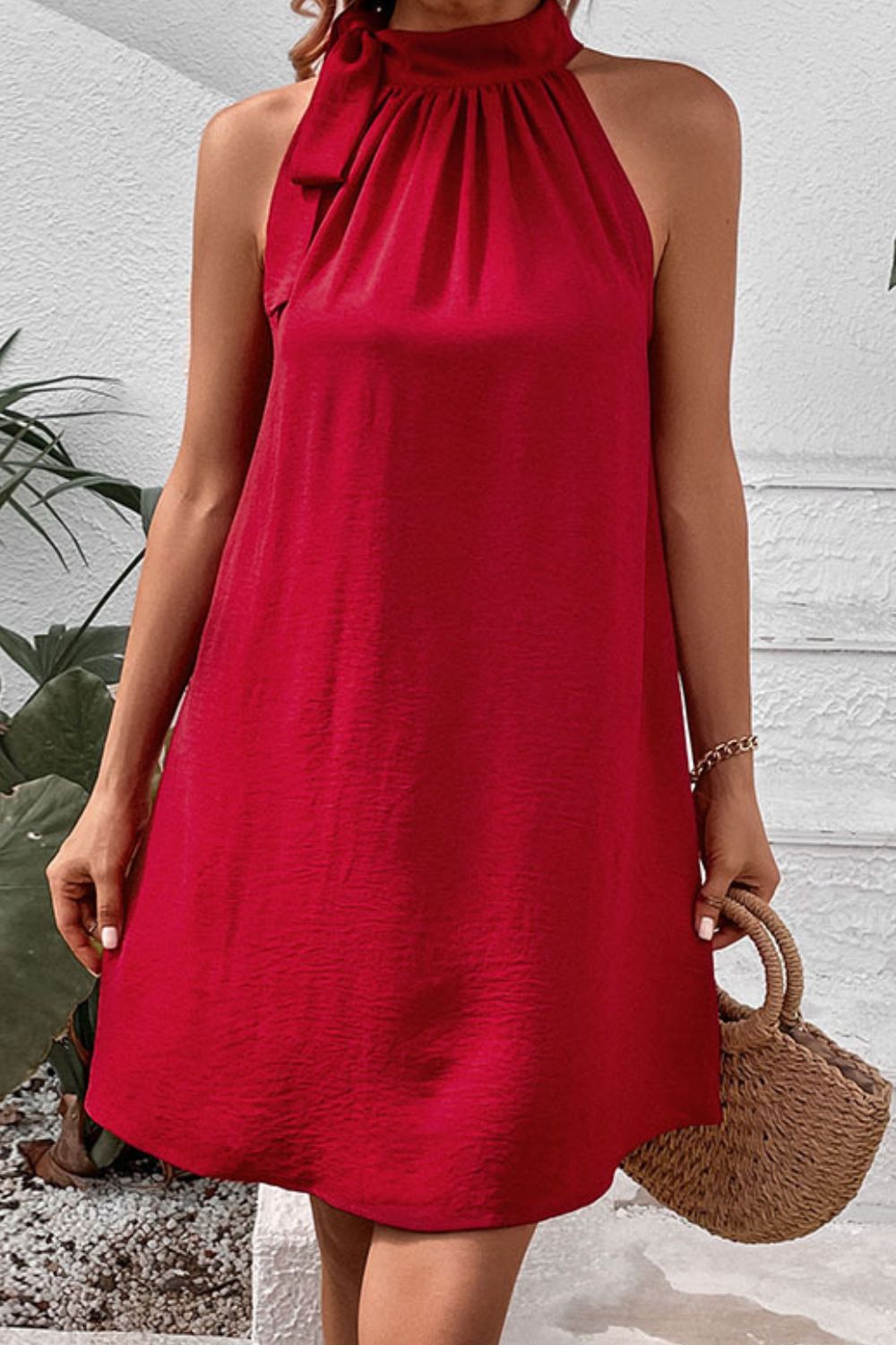 Tied Mock Neck Sleeveless Dress Trendsi