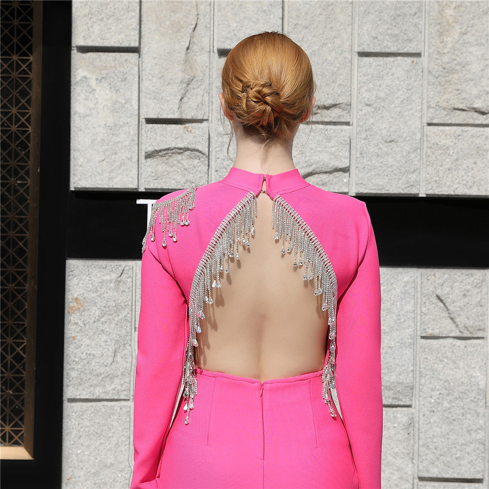 Backless Fringed Diamond Bandage Dress aclosy