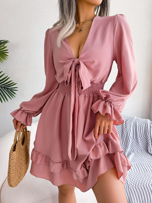 Tie Front Smocked Waist Flounce Sleeve Dress Trendsi